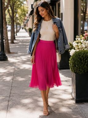 J Crew Pleated Midi Skirt Neon Flamingo Pink
